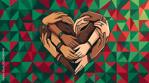 Diverse Hands Forming Heart Shape on Geometric Red and Green Background, Unity and Love Concept, Flat Vector Illustration