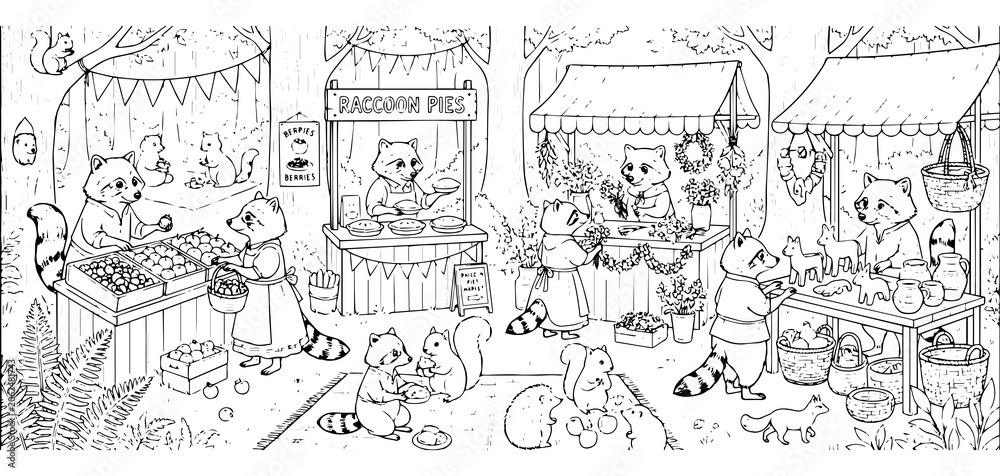 Obraz premium Raccoon market stalls in a forest pies, crafts, and produce to woodland animals in a detailed black and white line
