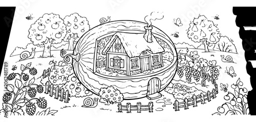 Obraz na plátně Whimsical cottage house built inside a giant hollowed watermelon in a fruit orch