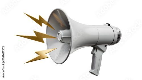Canvas Print Gray megaphone with golden lightning bolts emitting sound