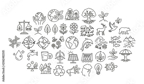 Ecology and Ecosystem Outline Icons Set with Biodiversity Conservation and Environmental Elements