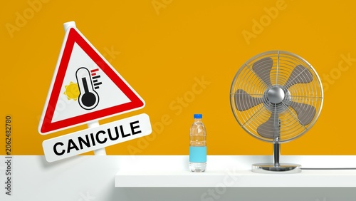 Panneau d'alerte canicule avec bouteilles d'eau et ventilateur sur fond jaune - rendu 3D