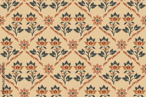 Traditional Indian Floral Block Print Seamless Pattern. Vintage Damask Motif Vector Background for Textile, Wallpaper, and Home Decor Fabric Design with Ethnic Botanical Ornaments.