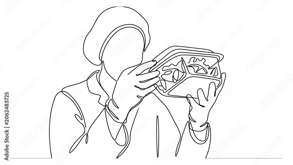 Naklejka premium Continuous line drawing of a person eating.