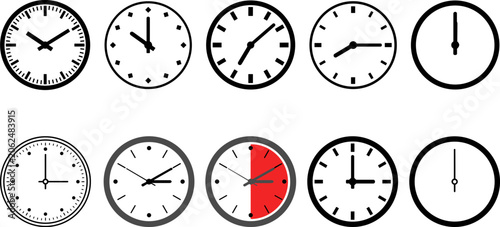 Foto Analog clock face icon set in black and white with varied designs and time inter