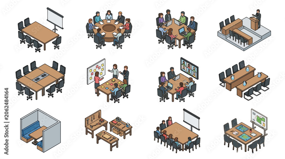 Fototapeta premium Isometric Meeting Room Icons Set - Business Conference, Office Collaboration, Teamwork