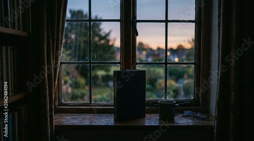 A silhouette of a book sits on a windowsill against a scenic view outside during sunset.