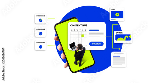 Fotografie Content hub dashboard on smartphone with publishing calendar and banners