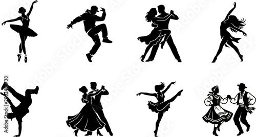 Canvas Print Black silhouette collection of diverse dance styles including ballet, hip-hop, b