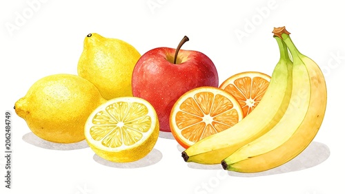 Fresh Assorted Fruits Watercolor Illustration with Apple Bananas Lemons and Orange Slices