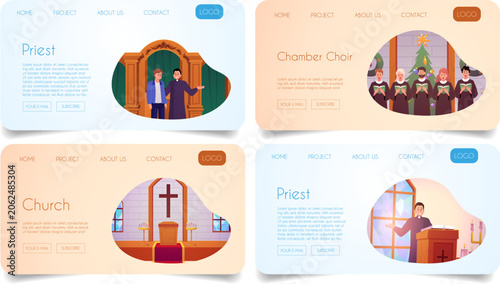 Photos A set of website banners featuring a church interior, altar, priest, choir, and confessional