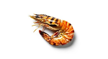 Vibrant steamed tiger shrimp with distinctive stripes arranged neatly on a pure white background, ideal for high-end gourmet culinary menus, delicious, meal, nutrition
