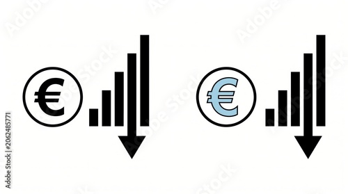 Euro currency symbols and financial bar charts with downward trending arrows