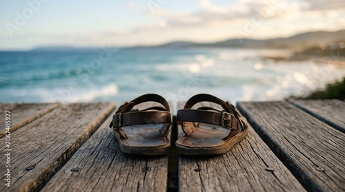 A pair of flip-flops sits on a wooden deck overlooking the ocean with waves crashing on the sandy beach at sunset.