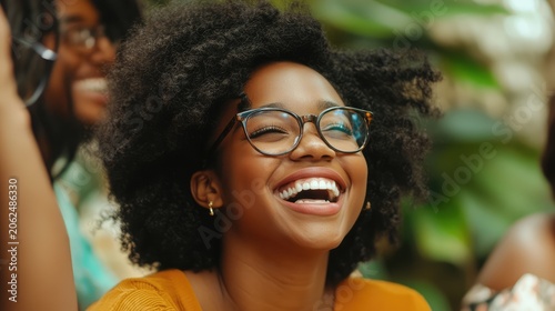 Radiant joy a young african american woman with afro smiles authentically with friends