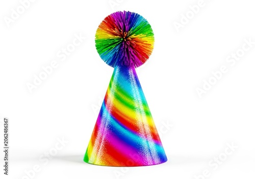 A vibrant rainbow glitter swirl cone party hat with an oversized fluffy pompom top, isolated on a clean white background for celebration, sparkling, stripe, birthday