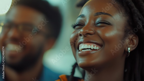 Radiant joy captured in a close-up portrait of a smiling woman amidst a blurred background