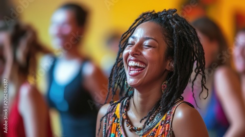 Radiant joy captured in a candid moment with diverse group of people enjoying dance