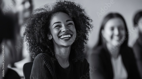 Radiant smile of a young woman in a monochromatic office setting expressing joy and enthusiasm