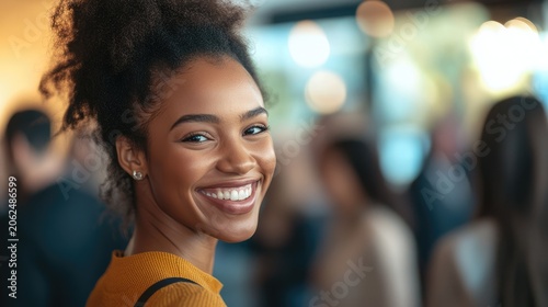 Radiant smile portrait of a young african american woman in a vibrant social setting