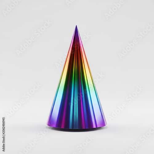 Vibrant metallic party hat with rainbow stripes and holographic finish, standing on a clean white background in a minimalist setup, pattern, glam, metallic