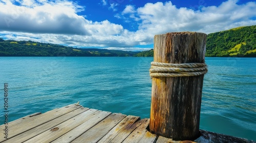 Scenic lakeside view featuring a weathered wooden pier post with a rope knot against a backdrop of