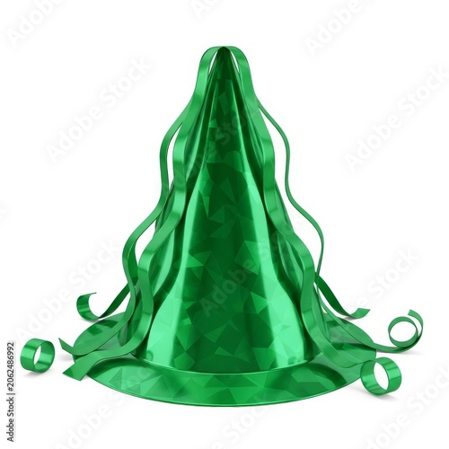 A vibrant metallic emerald party hat with a shimmering finish and glossy green ribbons, isolated on a white background in a studio shot, vibrant, glow, holiday
