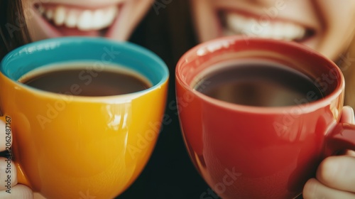 Sharing a cup of coffee: close-up capturing cheerful connection and convivial moment of enjoyment
