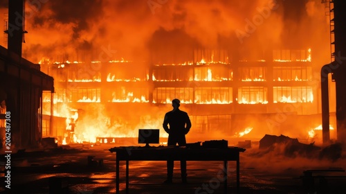 Silhouette of an office worker amidst a fiery catastrophe epitomizing profound change and