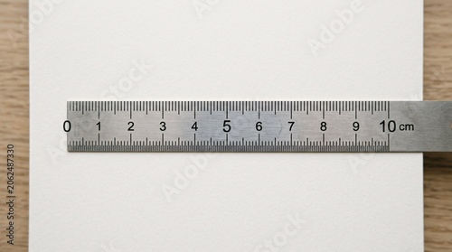 A metal ruler lies on a wooden surface beside a white paper sheet indoors.