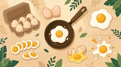 Quadro su tela Flat Vector Illustration of Various Egg Preparations: Whole Eggs, Fried Eggs, Bo
