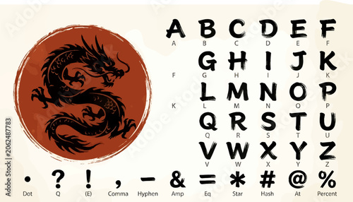 Photos Japanese Brushstroke Alphabet and Symbols with Black Dragon Illustration on Red