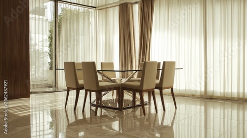 Sunlit dining room featuring a modern glass table and upholstered chairs, bathed in serene light