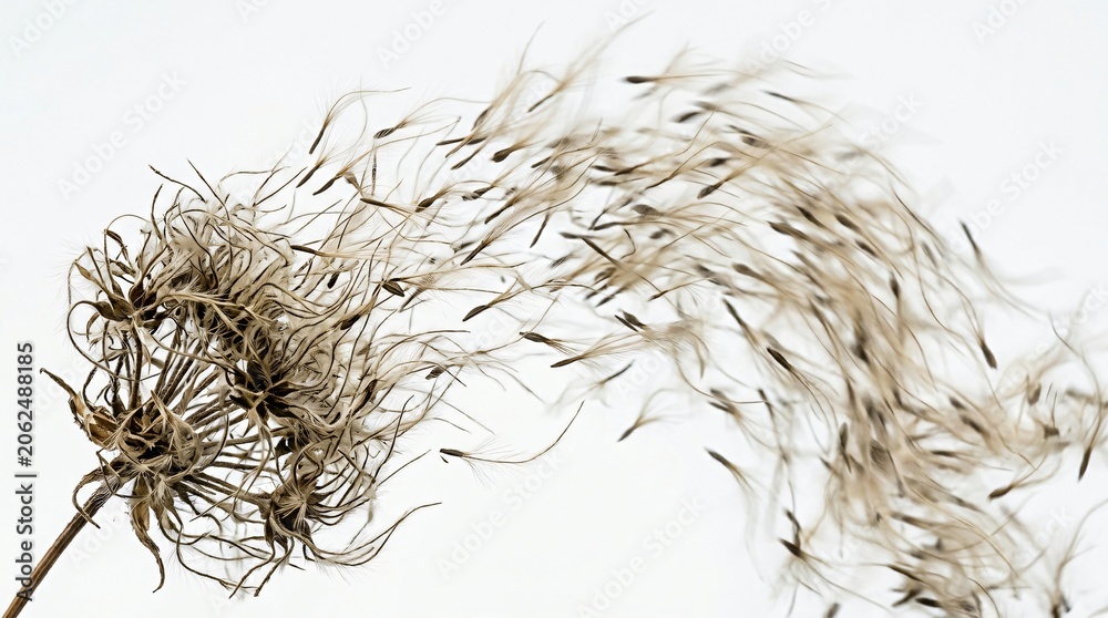 Fototapeta premium Abstract close up of dried flower seeds blowing in the wind on a white background, showing botanical textures and organic movement