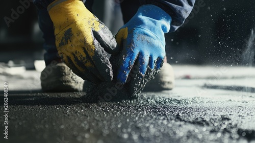The gloved hands of a construction worker shaping and smoothing asphalt on a road surface