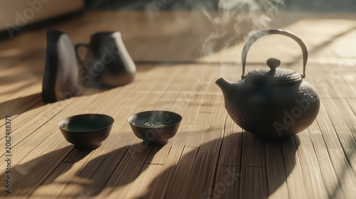 Tranquil Tea Ceremony Still Life with Steaming Teapot and Cups on Bamboo Mat