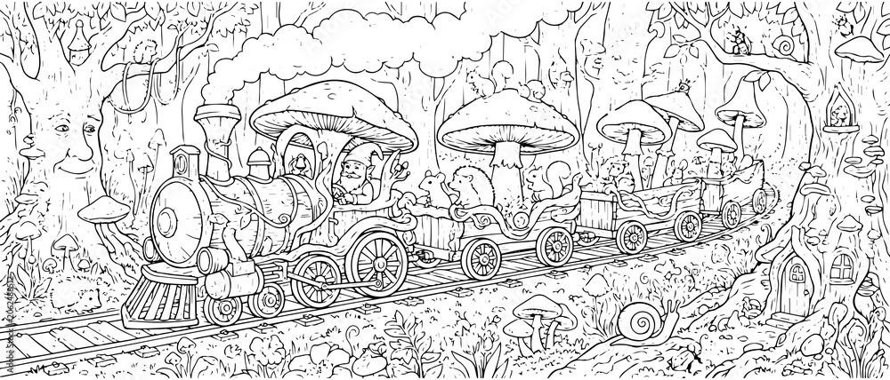 Obraz premium A whimsical black and white line of a magical mushroom steam train traveling through an enchanted forest with woodland animals