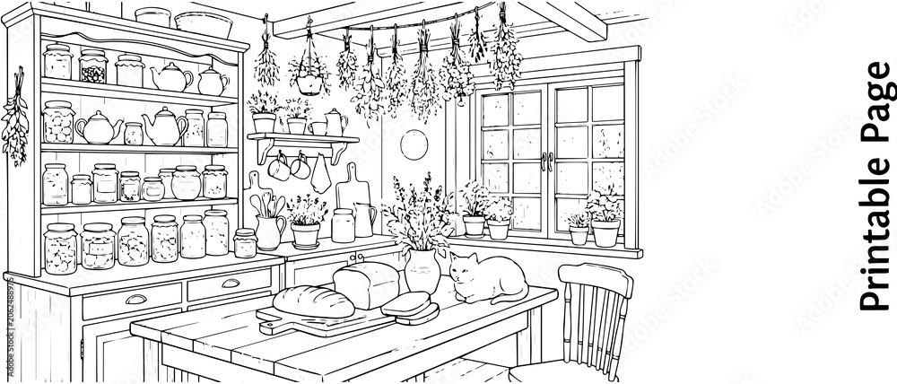 Fototapeta premium Detailed coloring page featuring a rustic farmhouse kitchen interior with shelves of jars, hanging dried herbs, a loaf of bread, and a resting cat