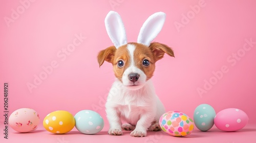 Whimsical easter portrait of adorable puppy wearing bunny ears with decorated eggs