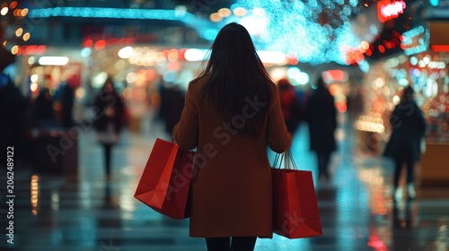 Woman with shopping bags walking in a shopping center with holiday decorations and bright lights