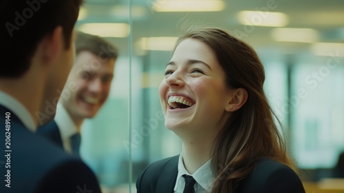 Young businesswoman sharing a candid moment of joy with colleagues in modern workspace