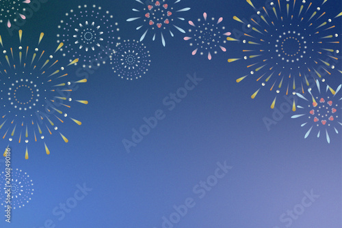 Photos Colorful summer fireworks on blue sky with copy space, flat illustration