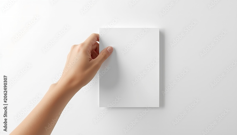 Fototapeta premium Hand touching a blank rectangular paper on a white surface