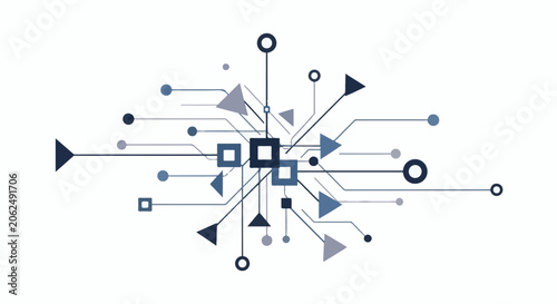 A complex graphic design featuring various geometric shapes and lines in shades of blue and gray