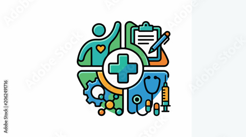 A colorful medical icon with a cross, doctor, clipboard, and pills