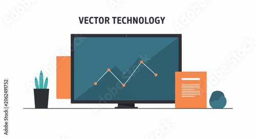 A computer monitor displaying a line graph sits on a desk with office items