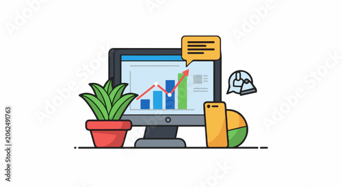 A computer monitor displays a colorful graph next to a plant and phone