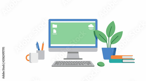 A computer monitor with keyboard, mug, pens, plant, and books on a white background
