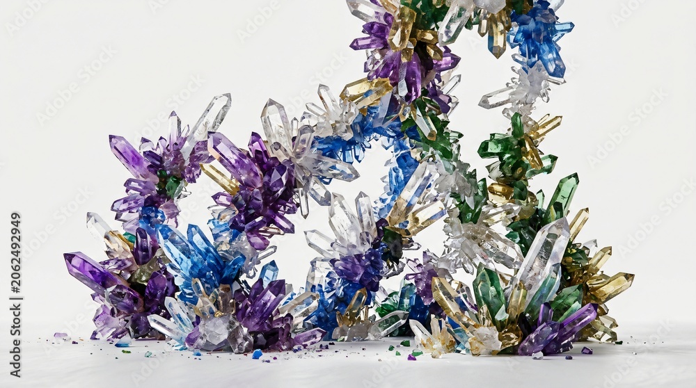 Naklejka premium Vibrant crystal bloom formations with purple blue and green gemstone clusters growing in abstract shapes against a solid white background