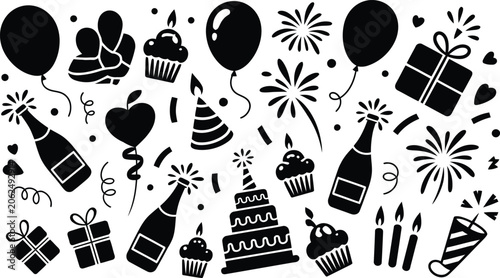 Birthday party celebration elements and festive decoration icons set with birthday celebration balloons fireworks champagne anniversary decoration collection illustration elements partyhat